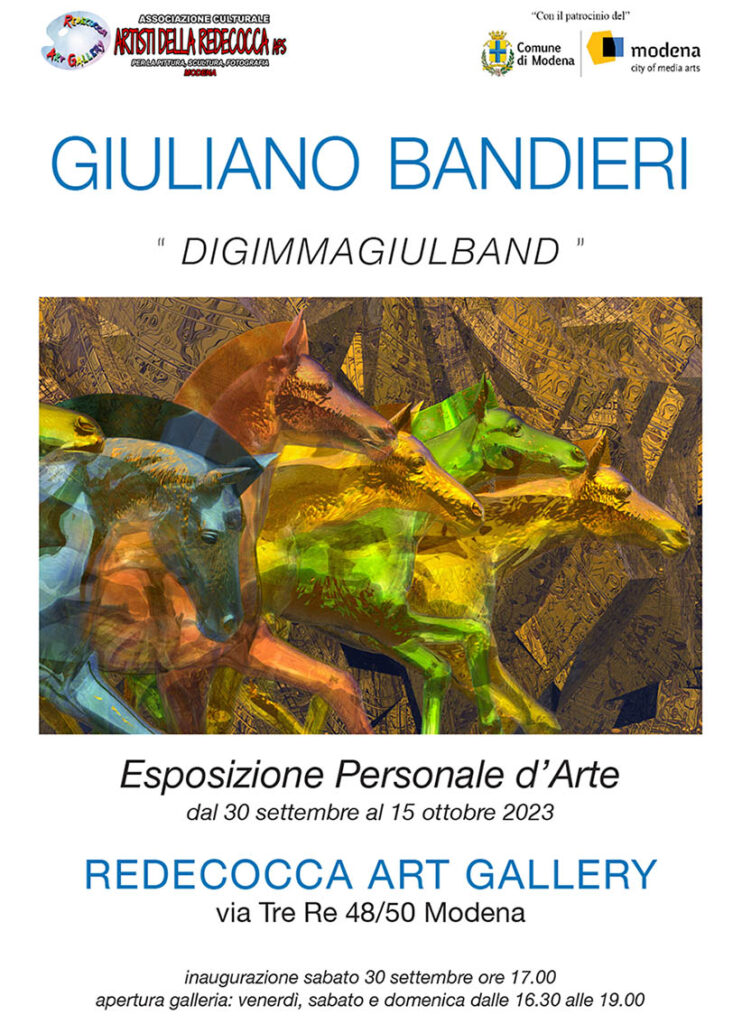 ALIA - Locandina mostra personale d'arte immagine stilizzata di cavalli colorati in corsa- Giuliano Bandieri - giulband