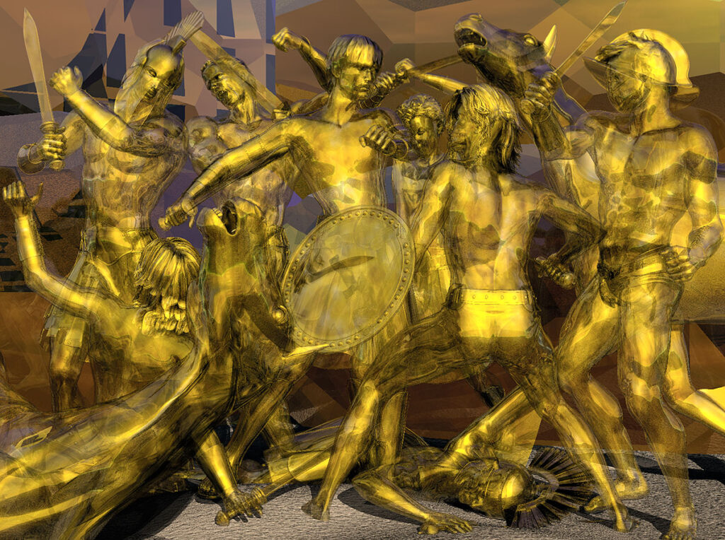 Composizione in rendering digitale "La Battaglia", scena epica con guerrieri classici in oro semitrasparente colti nel pieno del combattimento, opera di Giuliano Bandieri (giulband).